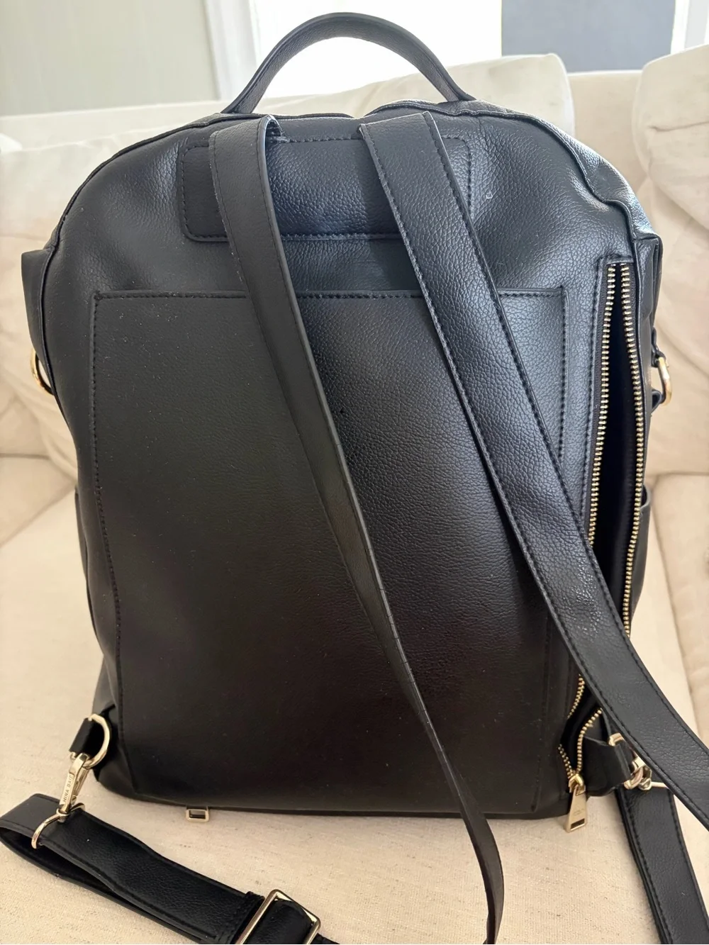 Mina Baie Black Leather Diaper Bag Backpack